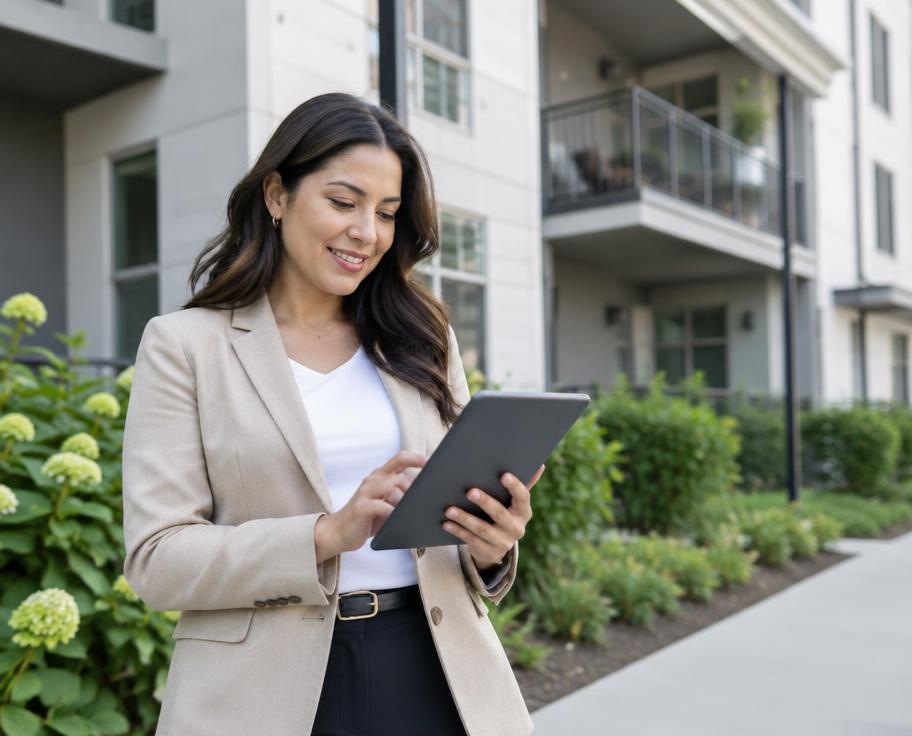 A property manager checking a tablet outside an apartment building